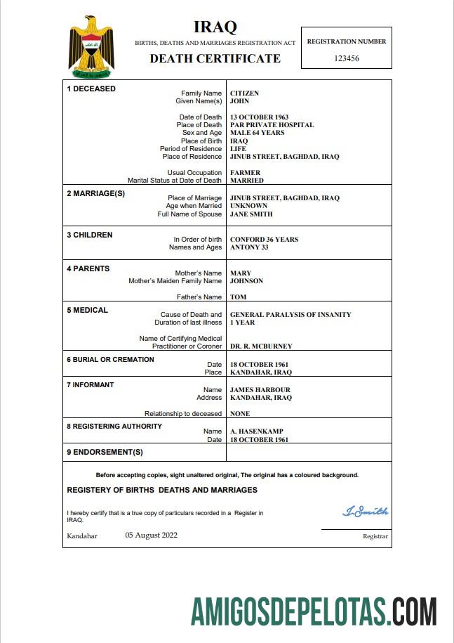 Realista modelo Word e PDF de certidão de óbito de registro vital do Iraque